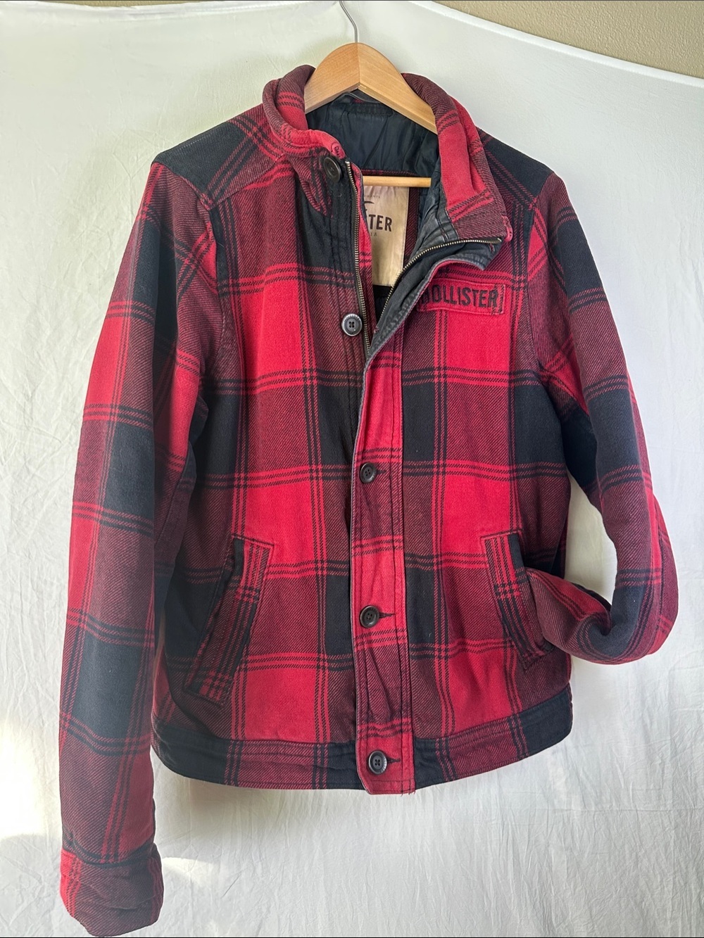 Hollister Red and Black Plaid Kids Pea Coat